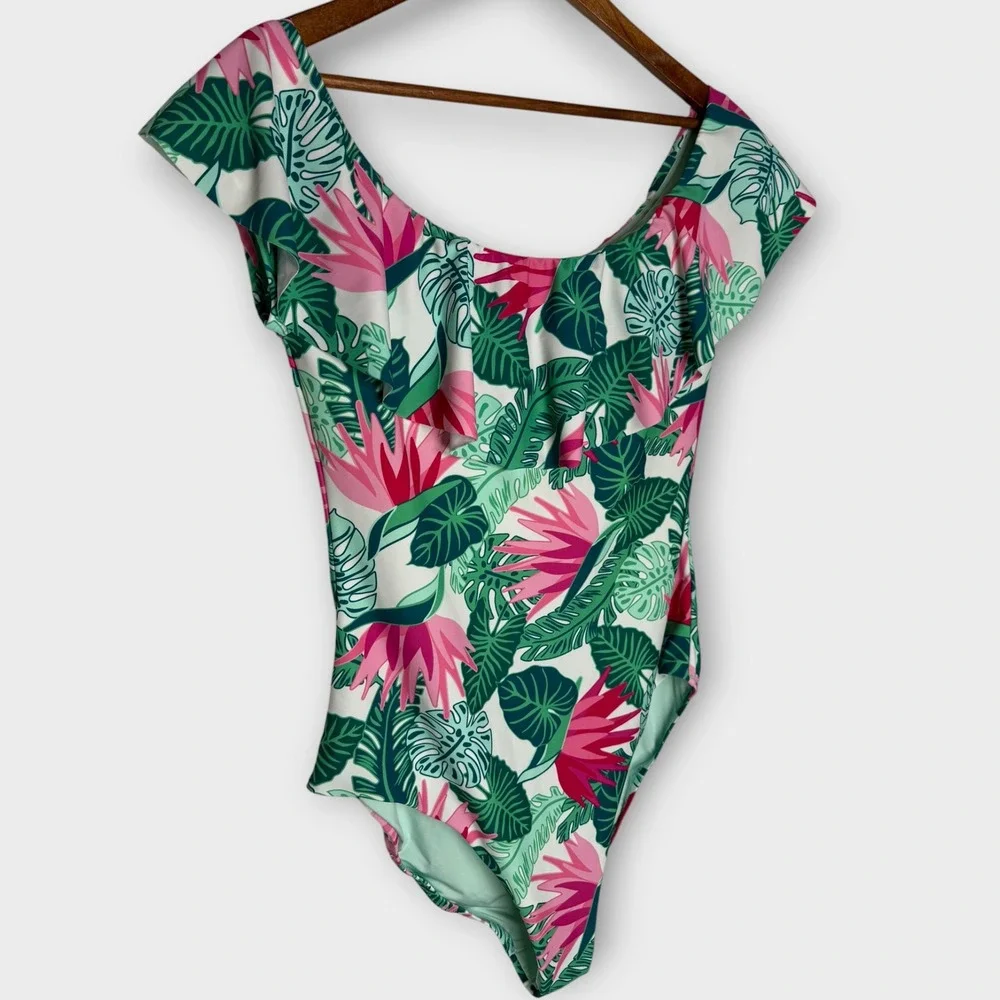 Matilda Jane Palm Tree Paradise One-Piece Ruffle Swimsuit Tropical Modest Large